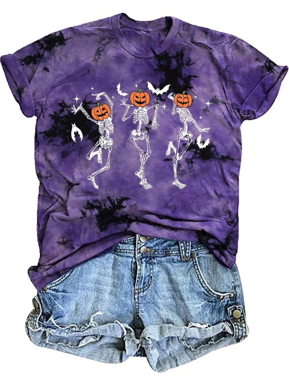 🆕 Women's Purple Pumpkin Skeleton Bat Tie Dye Halloween Graphic Tee